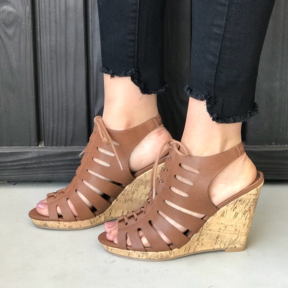 Steve Madden Shoes - Cognac LaceUp Laser Cut Cork Platform Wedge Sandal